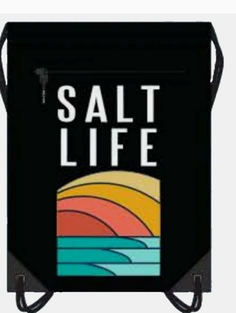Salt Life Black Drawstring Bag with Retro Sunset & Teal Waves